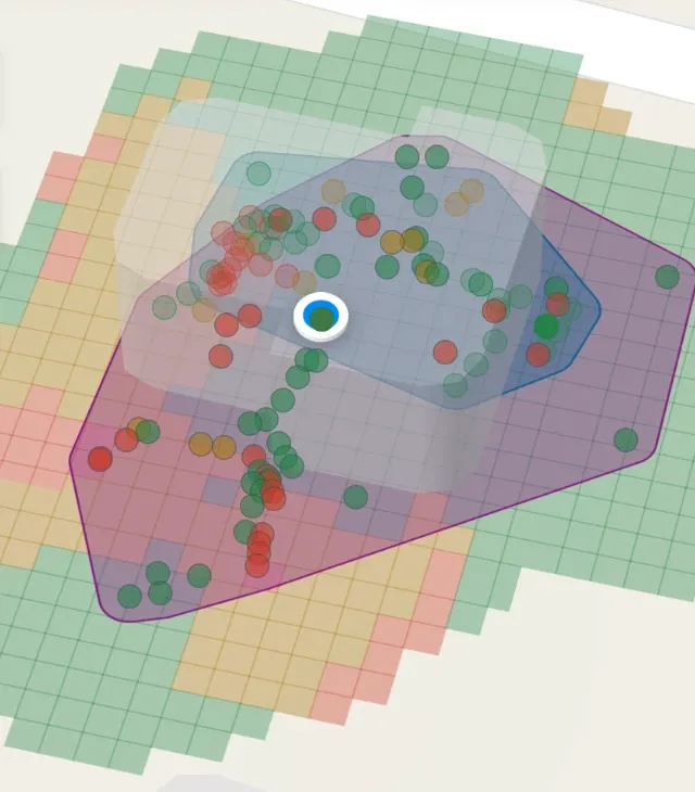 Signal map of a home walk on My Wi-Fi: the dots are where the phone took readings, the grid is coloured green, amber and red against the requirement, and the red patches sit at the back of the garden.