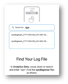 Drawing of the analytics list searched for sys, showing files that start sysdiagnose_