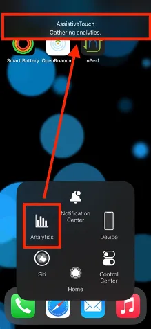 The AssistiveTouch menu on iPhone with Analytics highlighted, and the Gathering analytics message at the top of the screen