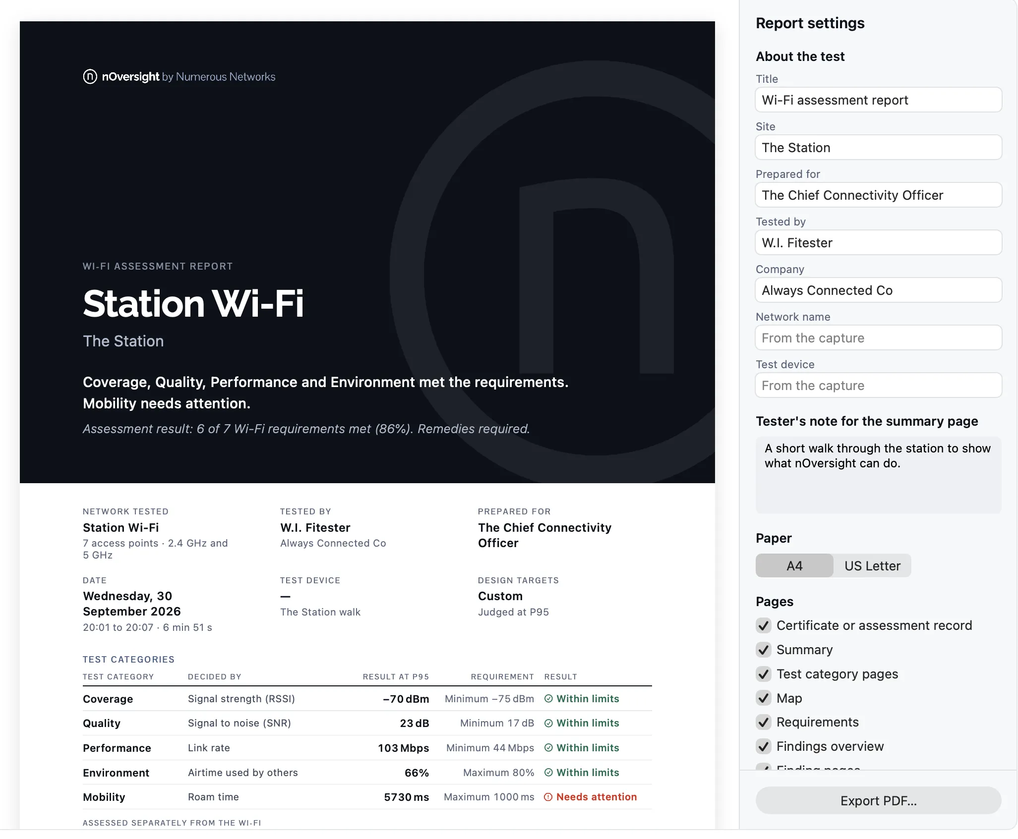Report tab on Mac with the cover page of the station walk report and its settings