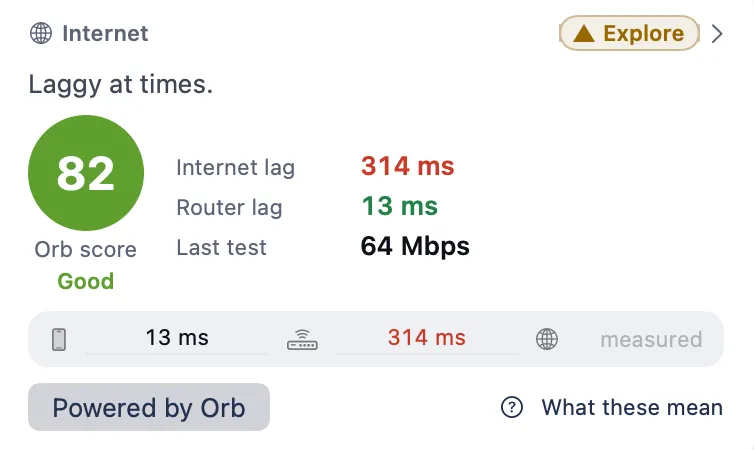 Internet card from the same walk: laggy at times, with the delay beyond the router rather than on the Wi-Fi