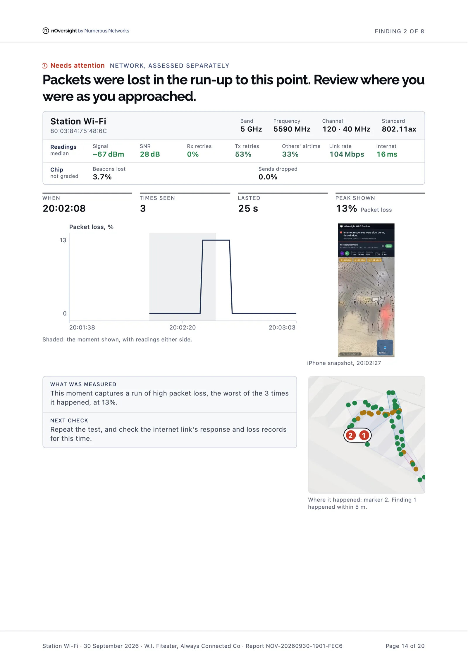 Finding page from the same report about lost packets, with the readings, a chart of the moment, an iPhone snapshot and the location on the map