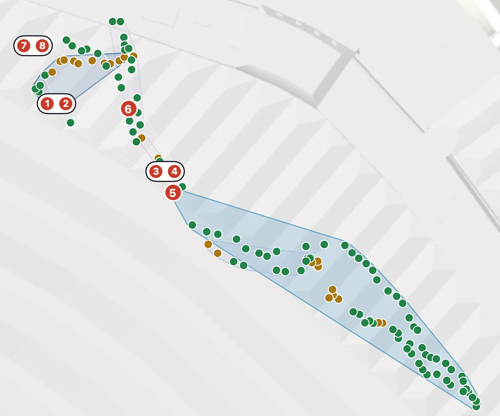 Map of the station walk, with test points coloured against the requirement and numbered findings where something needs a look.